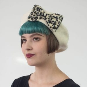 Ivory Beret Leopard Fake Fur Bow
