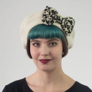 Ivory Beret Leopard Fake Fur Bow