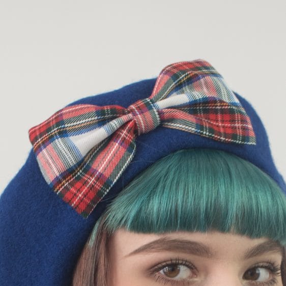 Blue Beret White Red Blue Tartan Bow