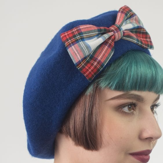 Blue Beret White Red Blue Tartan Bow