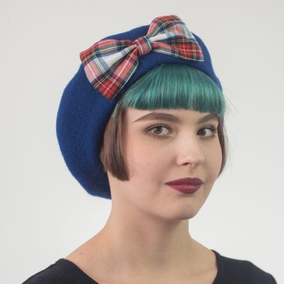 Blue Beret White Red Blue Tartan Bow