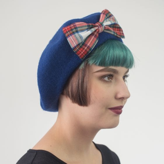 Blue Beret White Red Blue Tartan Bow