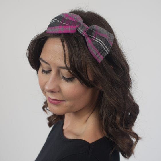 Pink Grey Tartan Bow Headband