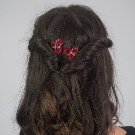 Two Small, Deep Red, Velvet, Floral Hair Accessories