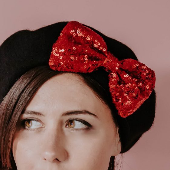 Black Winter Hat Red Sequin Bow