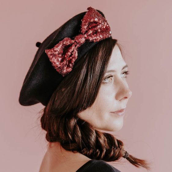 Black Beret Wine Red Sequin Bow