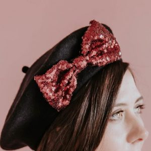 Black Winter Hat Wine Red Sequin Bow