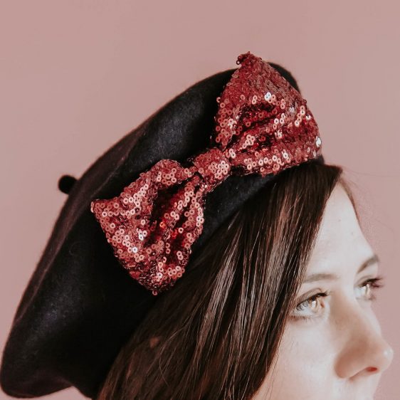 Black Winter Hat Wine Red Sequin Bow