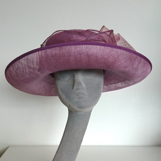 Purple Sinamay Hat Re-trim Project Before - front