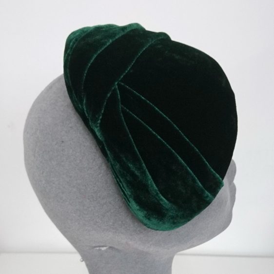 Green Silk Velvet Pleated Half Hat - back angle