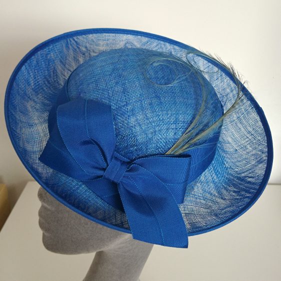 Bespoke Brimmed Hat by Imogen's Imagination, Royal Blue Sinamay Hat with Ribbon Bow and Curled Feathers - detail
