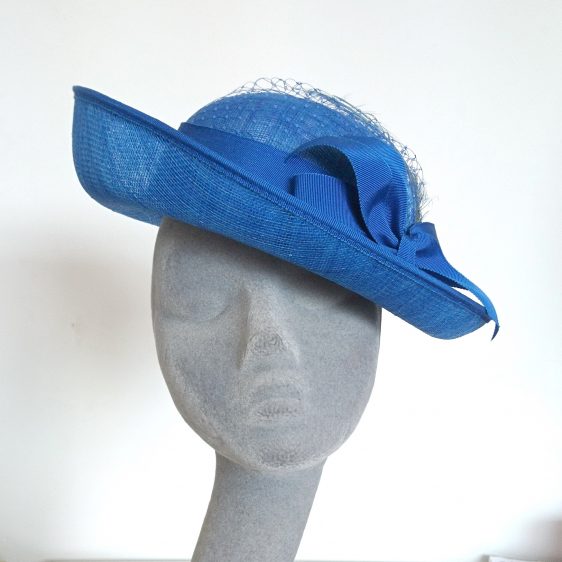 Bespoke Brimmed Hat by Imogen's Imagination, Royal Blue Sinamay Hat with Ribbon Bow and Curled Feathers - front