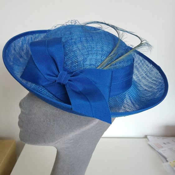 Bespoke Brimmed Hat by Imogen's Imagination, Royal Blue Sinamay Hat with Ribbon Bow and Curled Feathers - side