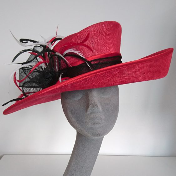 Red Sinamay Hat with Feathers Re-Trim After - front