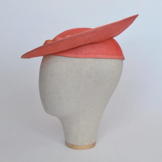 Coral Sinamay Brimmed Hat with Petersham Ribbon Trim - other side