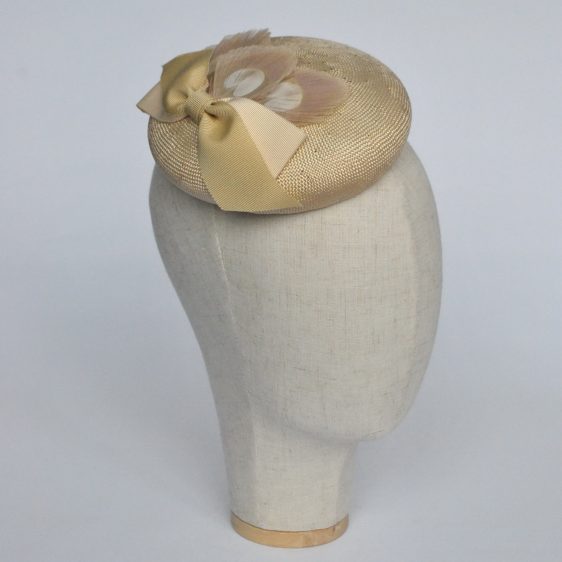 Gold Straw Button Hat Ribbon Bow Peacock Feathers - angle