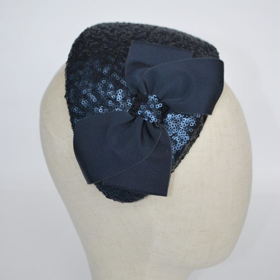 Navy Sequin Half Hat with Petersham Ribbon Bow - detail