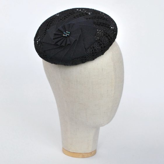 Navy Blue Straw Large Button Hat with Rosette and Pearls - angle