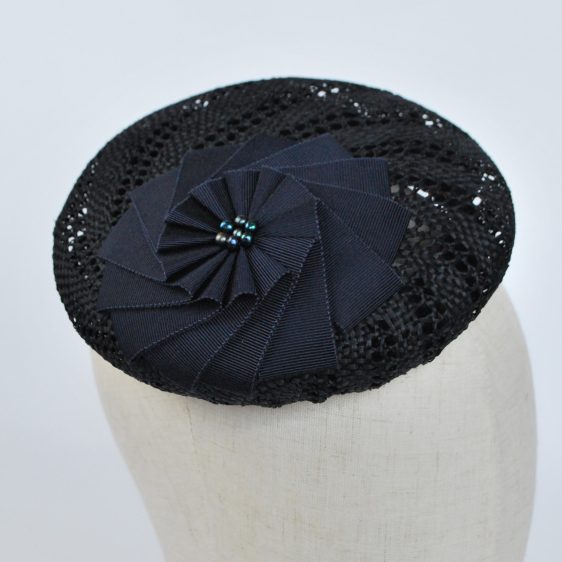 Navy Blue Straw Large Button Hat with Rosette and Pearls - detail