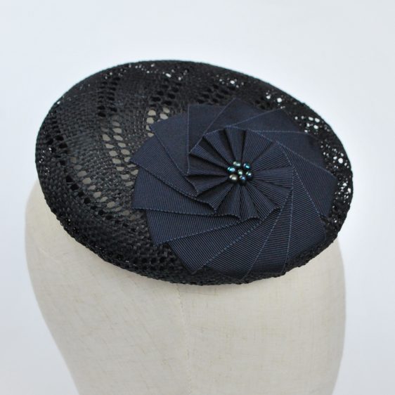 Navy Blue Straw Large Button Hat with Rosette and Pearls - detail 2