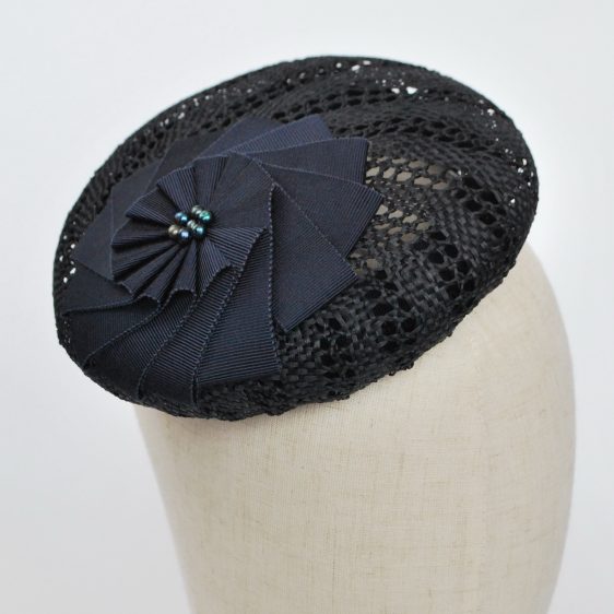 Navy Blue Straw Large Button Hat with Rosette and Pearls - detail 3