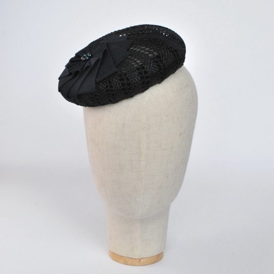 Navy Blue Straw Large Button Hat with Rosette and Pearls - front