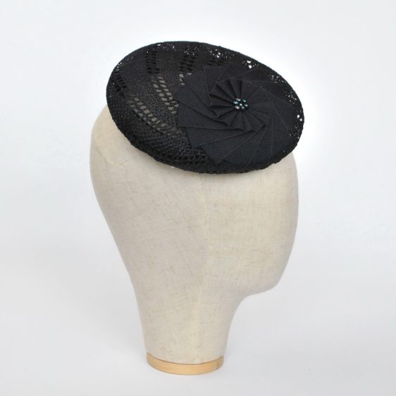 Navy Blue Straw Large Button Hat with Rosette and Pearls - side