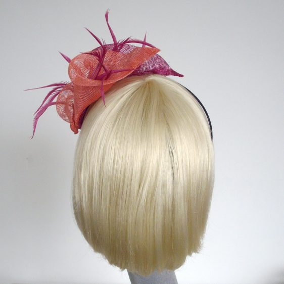 Pink Coral Sinamay Lily and Feather Fascinator - back