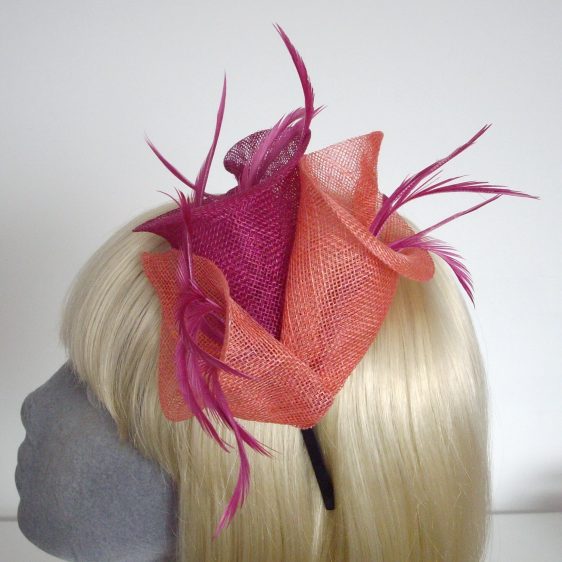 Pink Coral Sinamay Lily and Feather Fascinator - detail