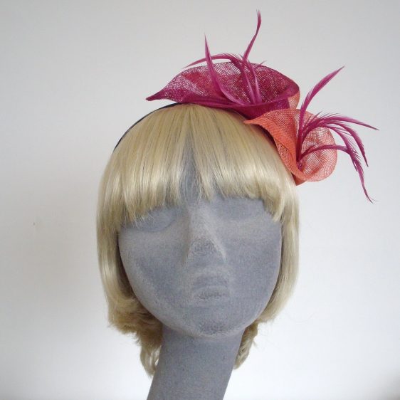 Bespoke Fascinator by Imogen's Imagination, Pink Coral Sinamay Lily and Feather Fascinator