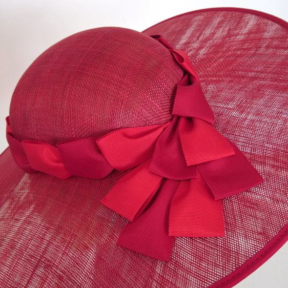 Red Sinamay Brimmed Hat with Two Tone Red Petersham Ribbon Trim - detail