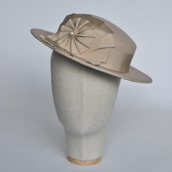Stone Felt Boater with Ribbon Rosette - front left