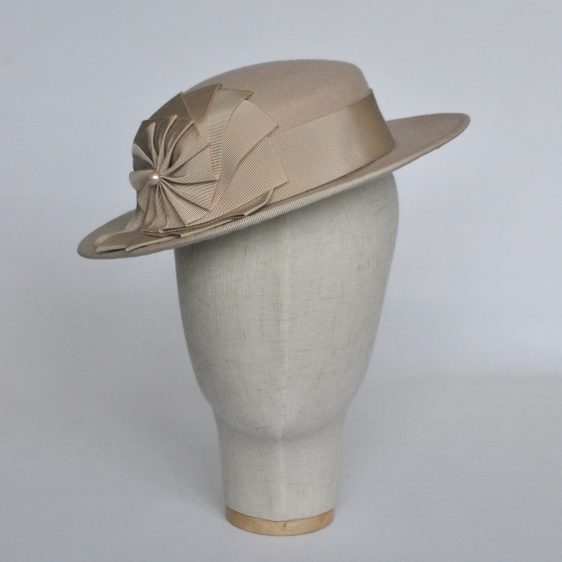 Stone Felt Boater with Ribbon Rosette - front right
