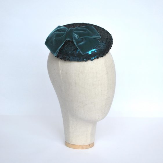 Teal Sequin Button Hat with Velvet Ribbon Bow - angle