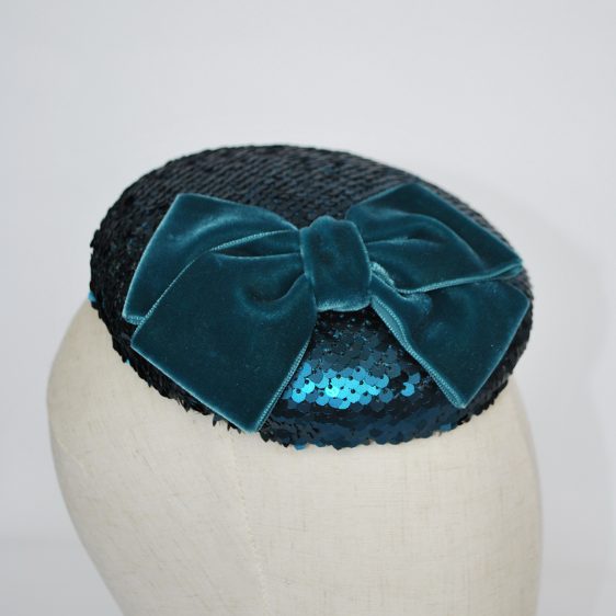 Teal Sequin Button Hat with Velvet Ribbon Bow - detail