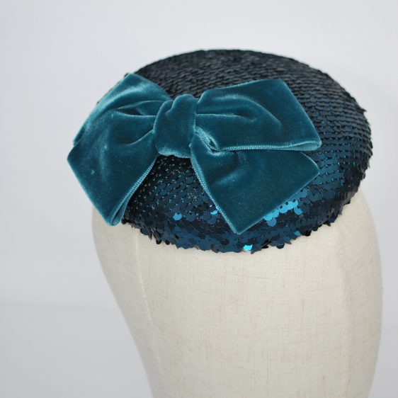 Teal Sequin Button Hat with Velvet Ribbon Bow - detail 2