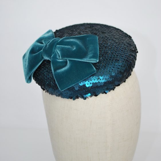 Teal Sequin Button Hat with Velvet Ribbon Bow - detail 3