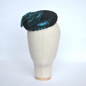 Teal Sequin Button Hat with Velvet Ribbon Bow - front