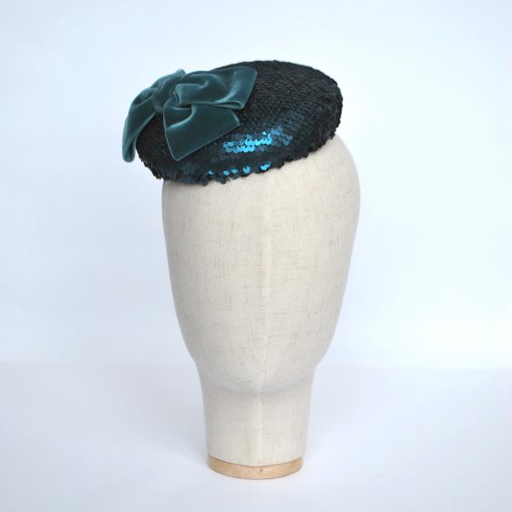 Teal Sequin Button Hat with Velvet Ribbon Bow - front
