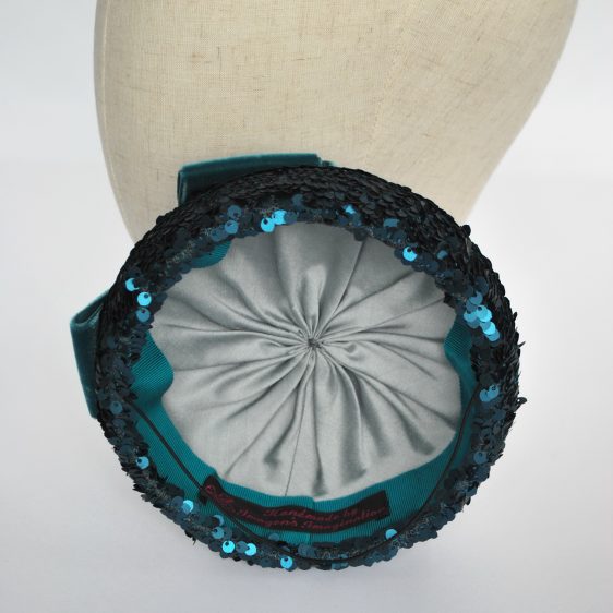 Teal Sequin Button Hat with Velvet Ribbon Bow - lining