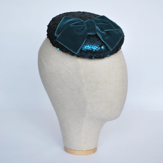 Teal Sequin Button Hat with Velvet Ribbon Bow - side