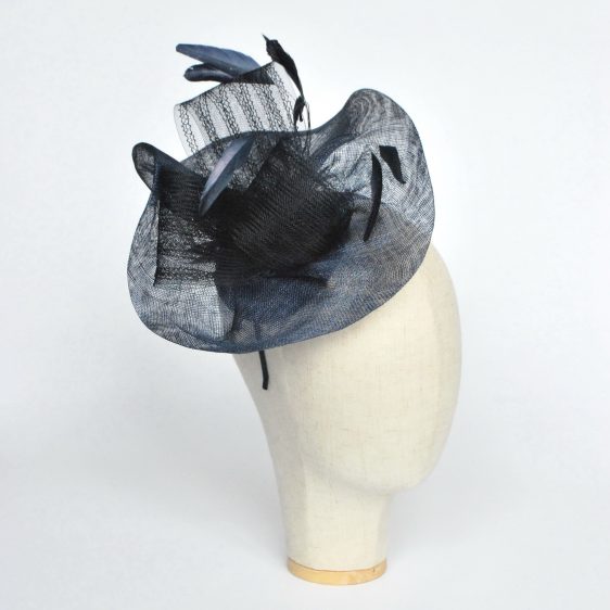 Navy Blue Sinamay Saucer Fascinator with Coque Feathers and Crinoline - angle