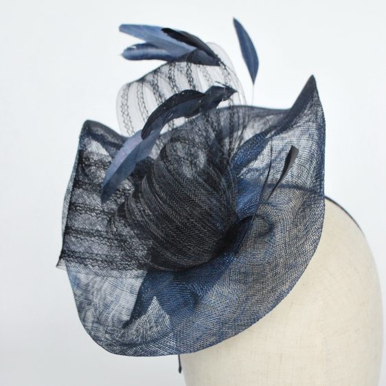 Navy Blue Sinamay Saucer Fascinator with Coque Feathers and Crinoline - detail 2