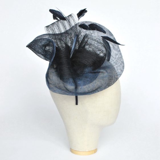Navy Blue Sinamay Saucer Fascinator with Coque Feathers and Crinoline - side