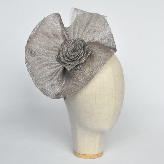 Silver Grey Sinamay Saucer Fascinator with Crinoline and Rose Flower - angle