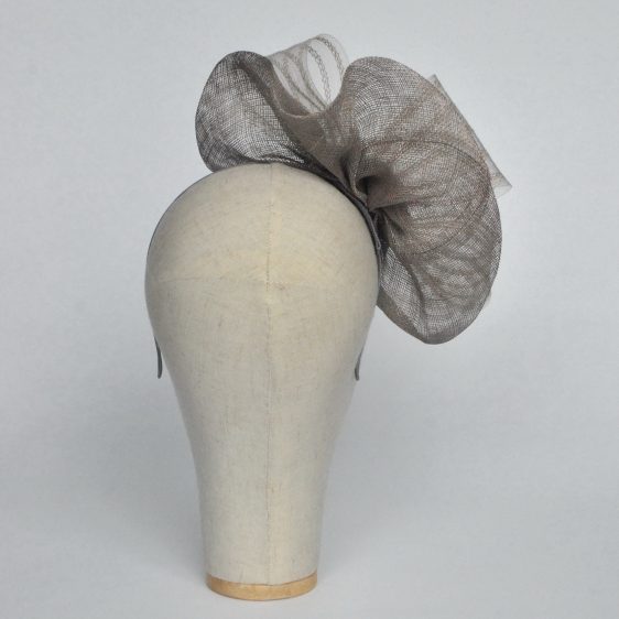 Silver Grey Sinamay Saucer Fascinator with Crinoline and Rose Flower - back