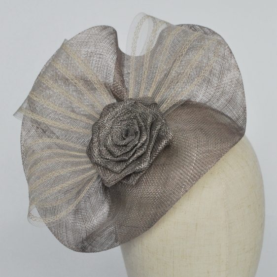 Silver Grey Sinamay Saucer Fascinator with Crinoline and Rose Flower - detail 2