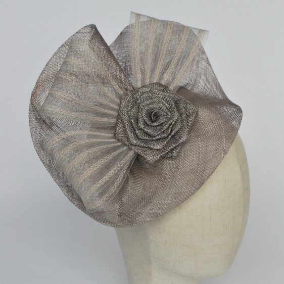 Silver Grey Sinamay Saucer Fascinator with Crinoline and Rose Flower - detail