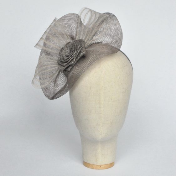 Silver Grey Sinamay Saucer Fascinator with Crinoline and Rose Flower - front