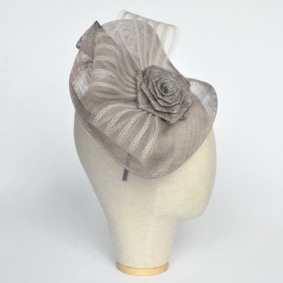 Silver Grey Sinamay Saucer Fascinator with Crinoline and Rose Flower - side